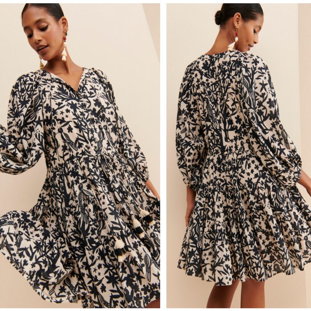 CAROLINA K Viola Tunic Dress Black Cream Cotton Gauze {B28}